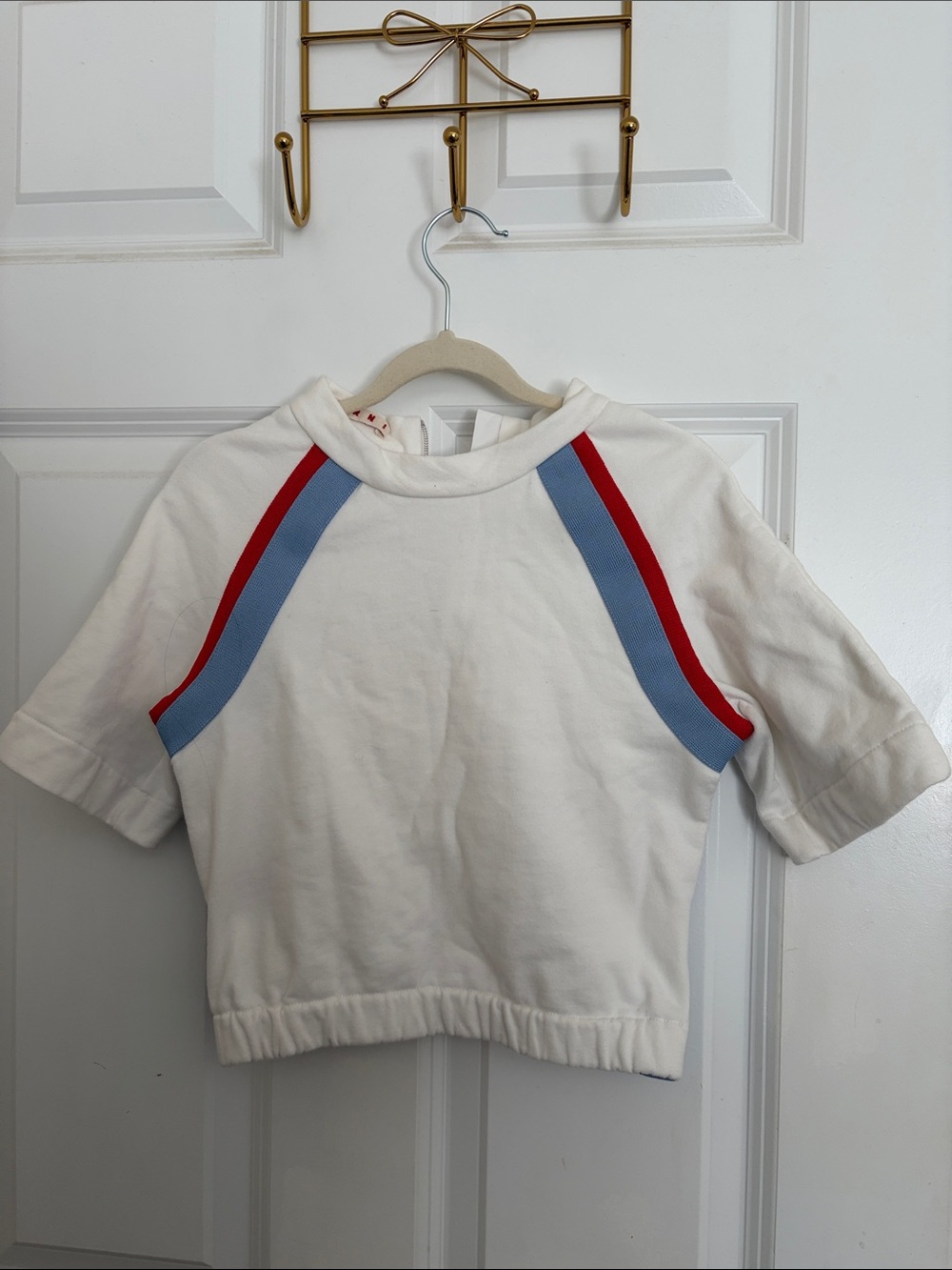 Marni White Short Sleeve Top with Red & Light Blue Shoulder Stripes